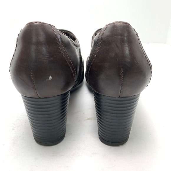 CLARKS Chocolate Brown Chunky Block High Heels Clogs Booties Leather Shoes 9 W - Picture 2 of 16